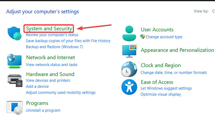 Clicking on "System and Security" in Control Panel. 