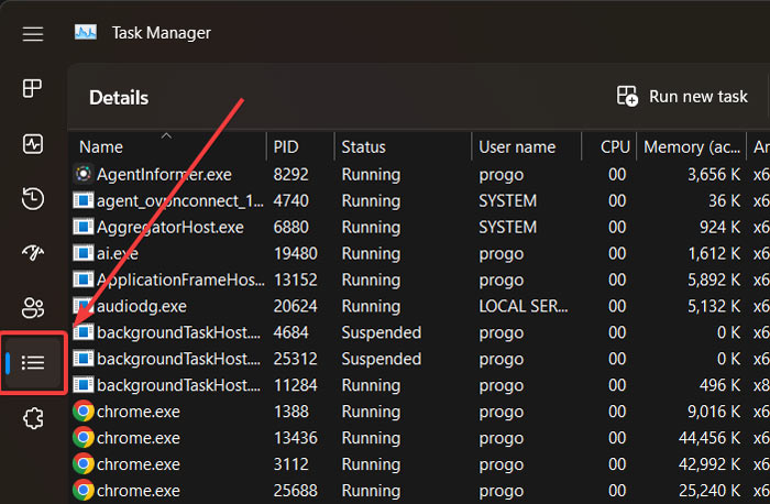 Clicking the "Details" tab in Task Manager.