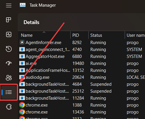 Clicking the "Details" tab in Task Manager.