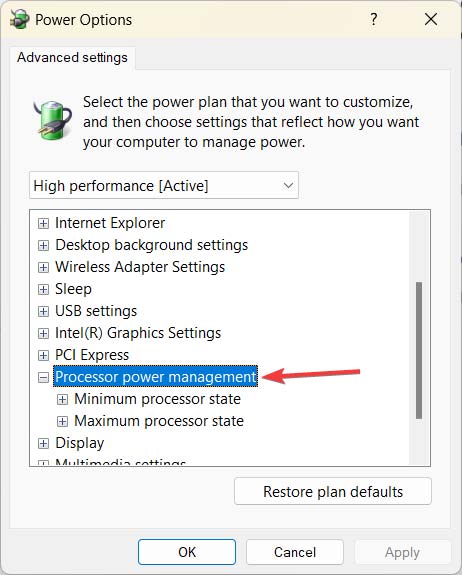 Expanding the "Processor power management" menu under Power Options. 