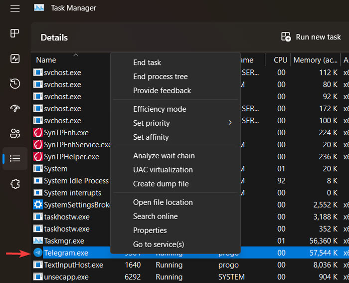 Right-clicking on a process from the "Details" tab in Task Manager. 