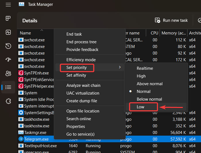 Hovering over the "Set Priority" option to bring up more options in Task Manager.