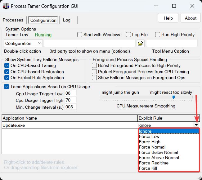 "Explicit Rule" set up in the Process Tamer app.