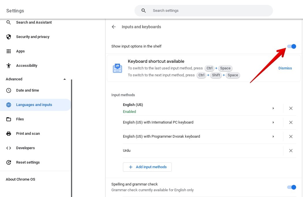 Enabling "Keyboard shortcut available" option on Chromebook. 