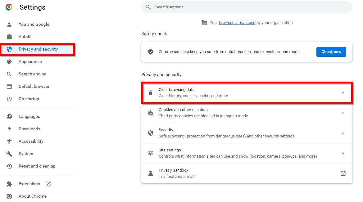 Clicking on "Clear browsing data" in Chrome.