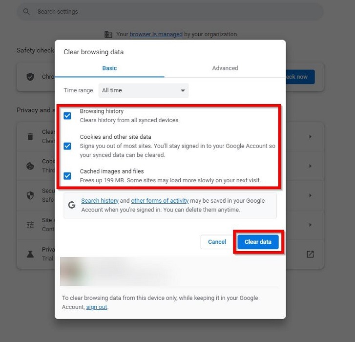 Selecting data for deletion in Chrome browser.