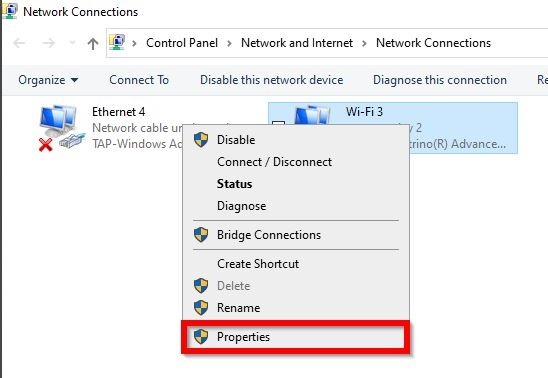 Properties option for individual network connection.