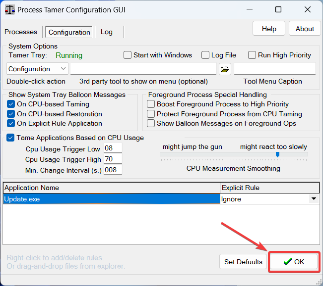 Pressing "OK" button after configuring the rule. 