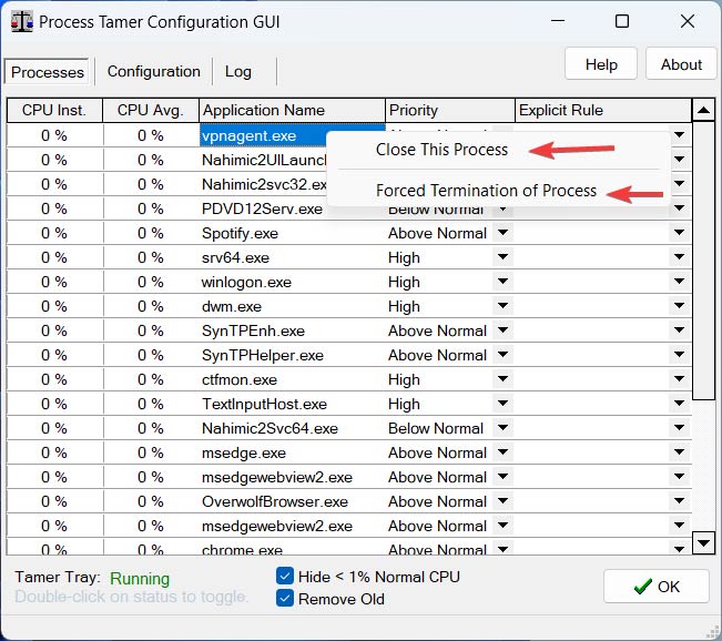 Terminating processes in the Process Tamer app.