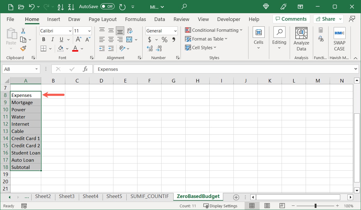 Budget Expenses section
