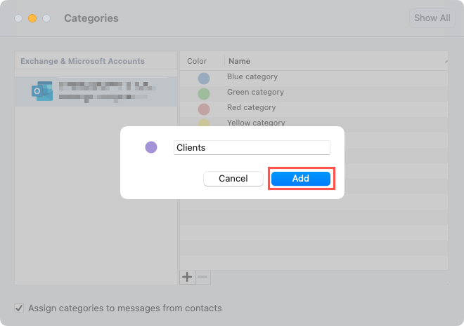 New category Add button in Outlook on Mac