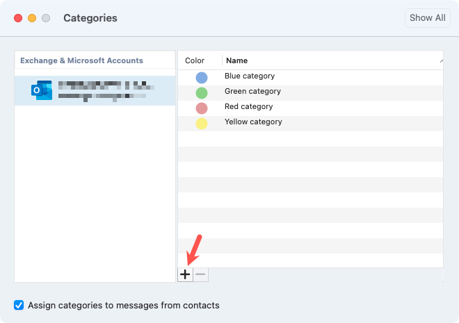 Plus sign to add a category in Outlook on Mac