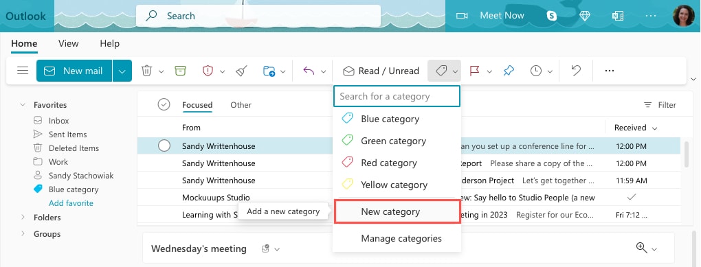 New Category in the Outlook menu on the web