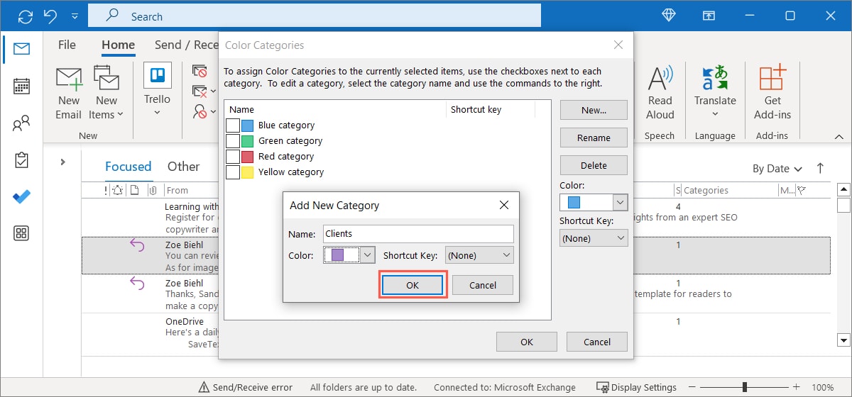 OK button to save a category in Outlook on Windows