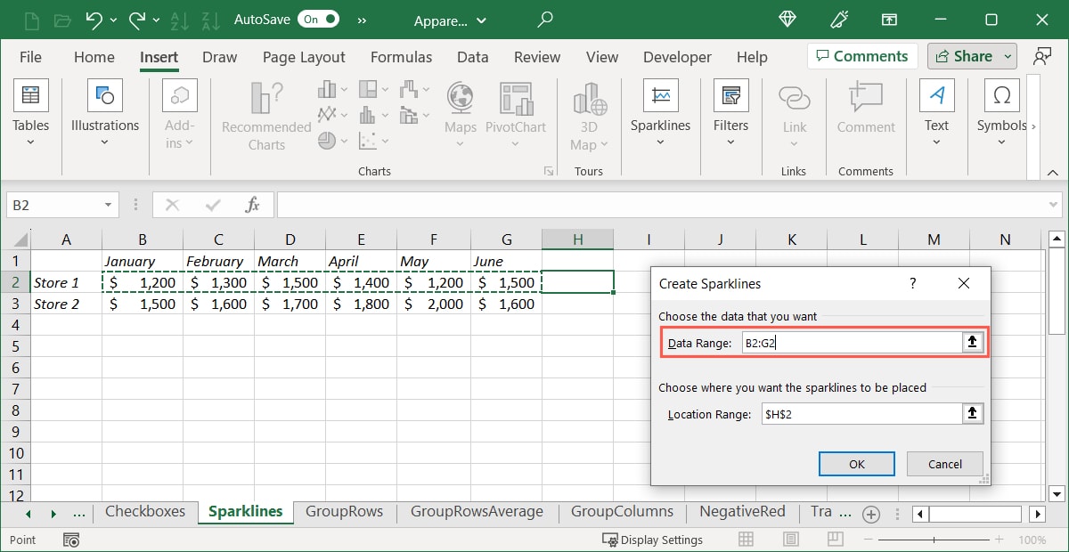Create Sparklines box with the Data Range field
