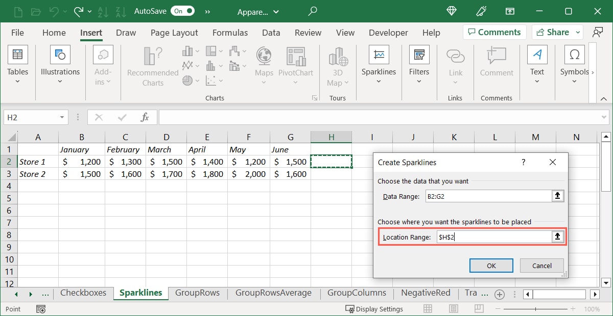 Create Sparklines box with the Location Range field