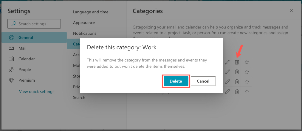 Delete a category in Outlook on the web