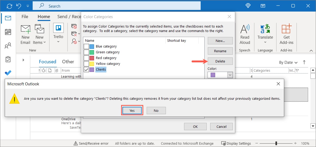 Delete a category in Outlook on Windows