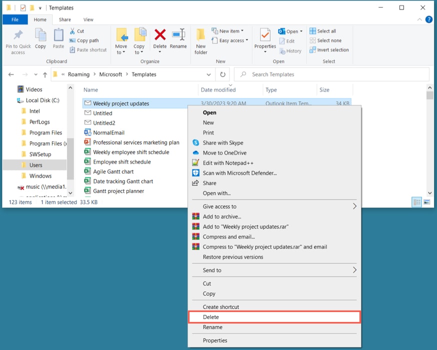 Delete in the menu on Windows