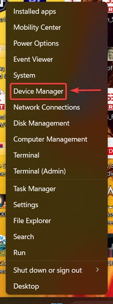 Selecting "Device Manager" via Start button.