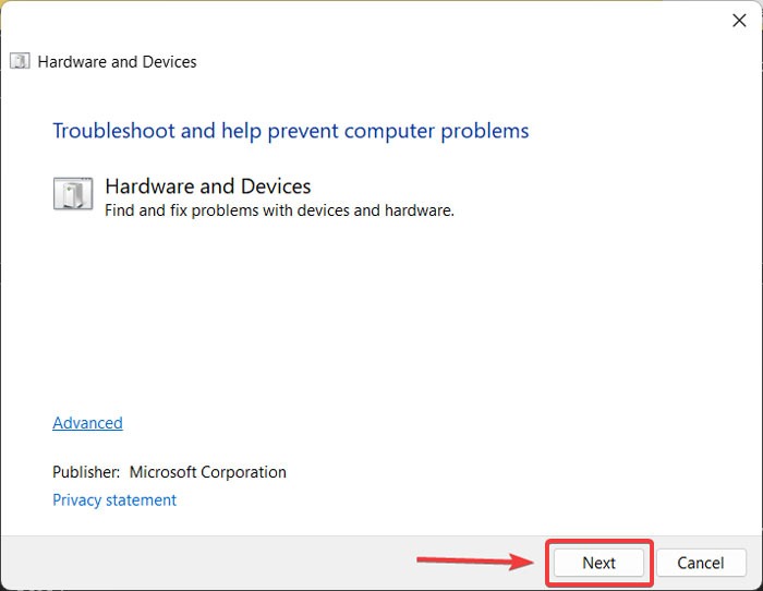 Hardware and Devices troubleshooter window open.