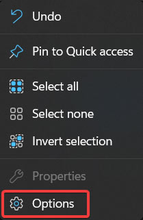 Selecting "Options" from File Explorer.