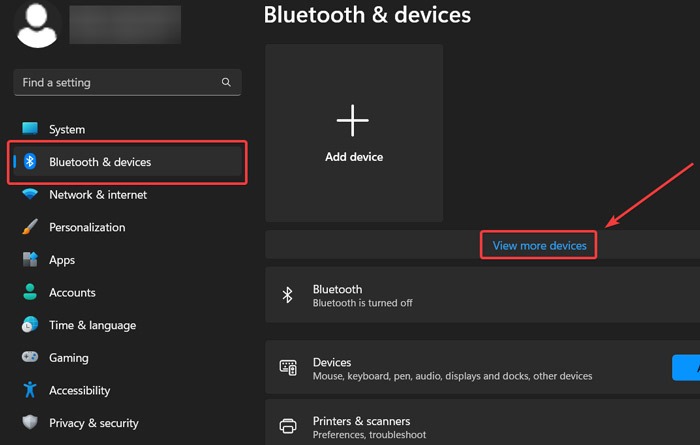 "View more devices" options under "Bluetooth & devices" section in Settings.