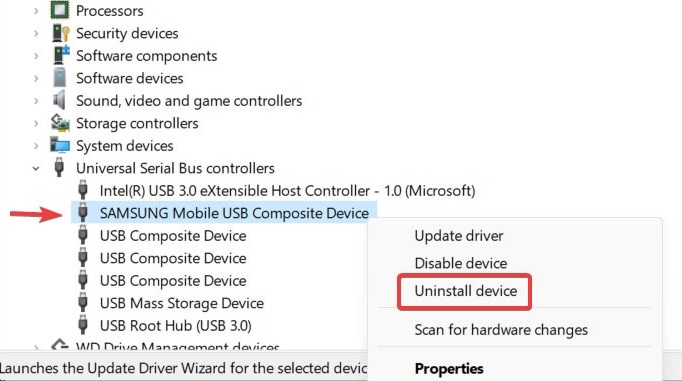 "Uninstall device" option in Device Manager.