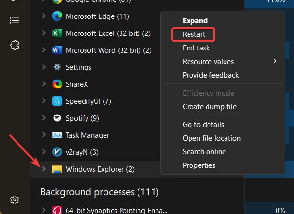 "Restart" button for app in Task Manager.