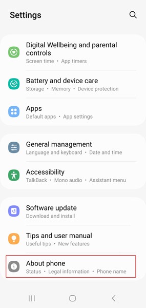 Navigating to "About phone" section on Android phone.