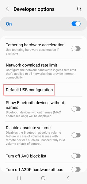 Press on "Default USB configuration" option on Android phone.