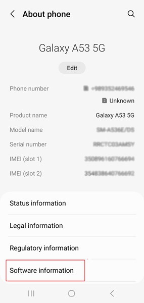 Tapping on "Software information" option in Settings on Android phone.