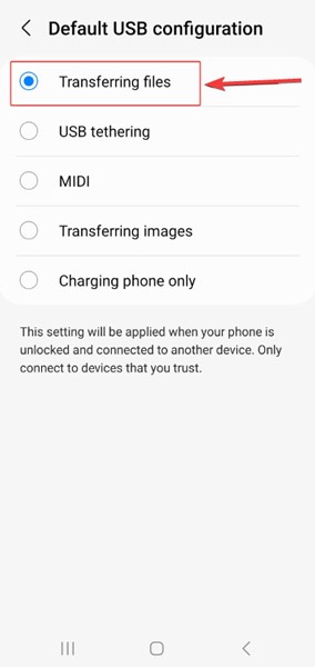 Select the "Transferring files" option on Android phone.