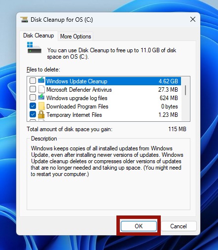 Deleting scanned files with Disk Cleanup.