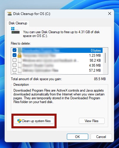 Clicking on "Clean up system files" button in Disk Cleanup.