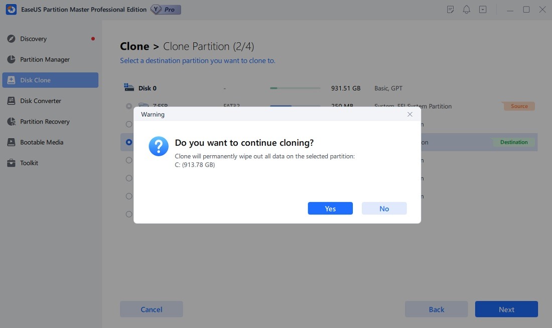 Cloning partition warning with data deletion message in EaseUS Partition Master.