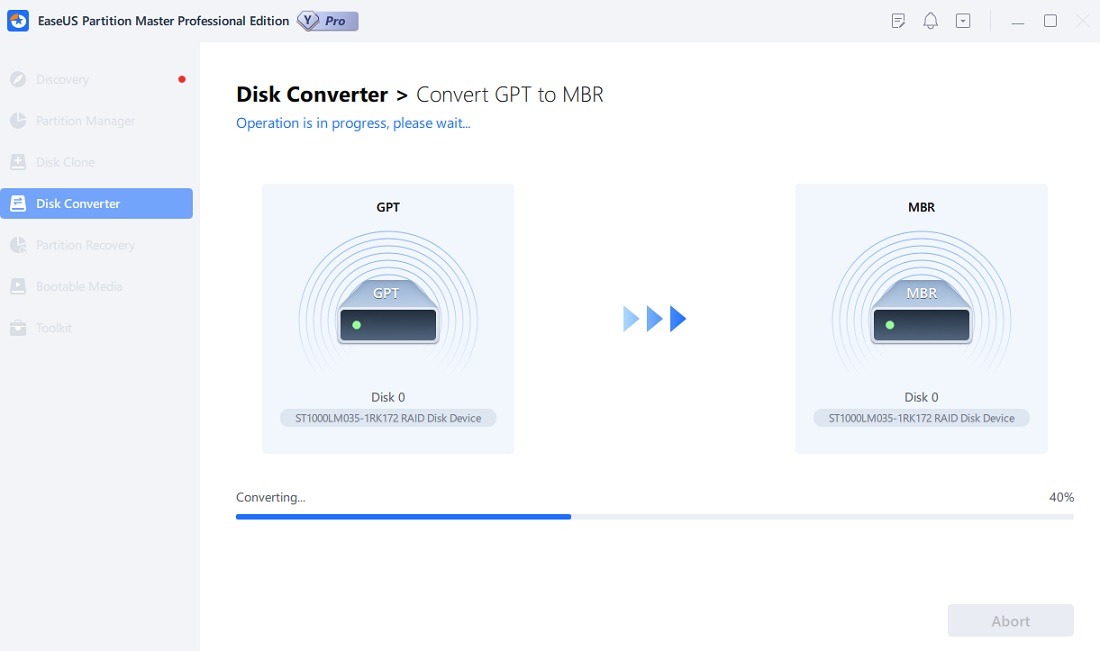 Convert GPT to MBR in EaseUS Partition Master. 