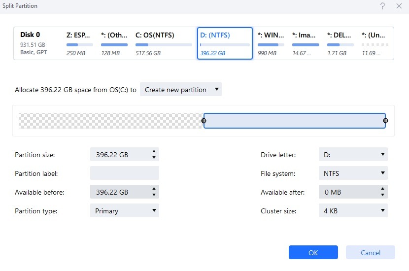 Creating a D drive in Windows 11 using Split Partition feature of EaseUS Partition Master. 