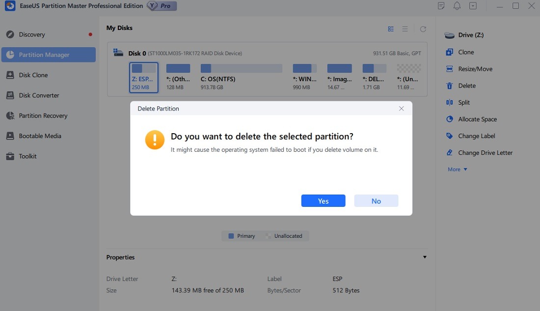 Delete partition warning in EaseUS Partition Master.