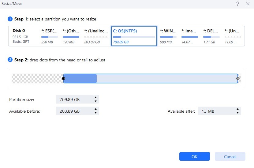 Drag sliders in EaseUS Partition Master to resize partition size for C drive with unallocated space visible.
