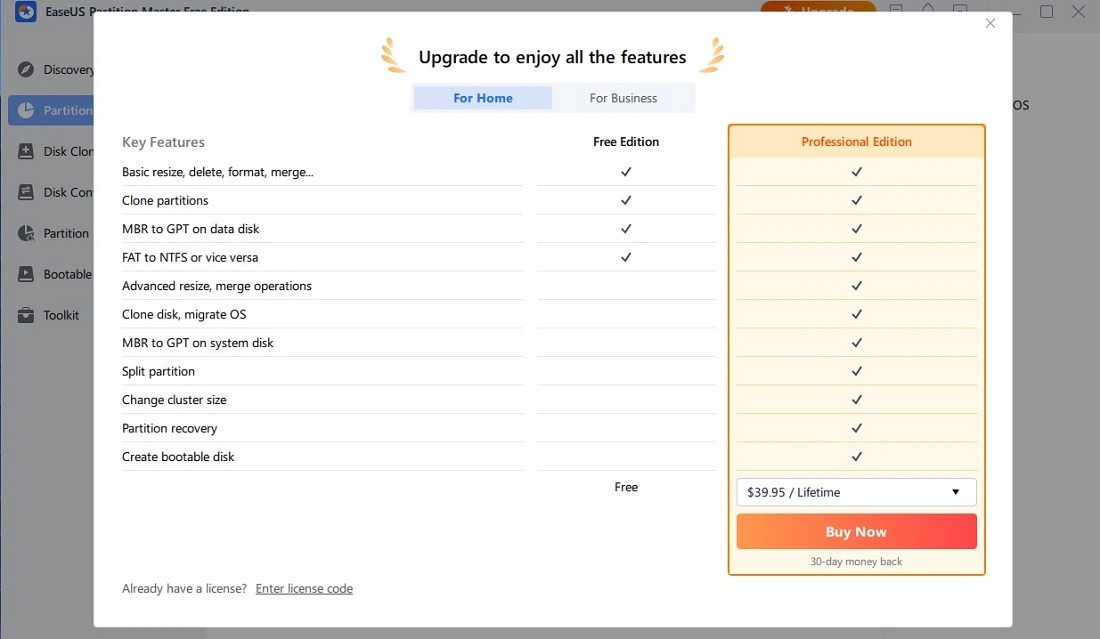 Free vs Po pricing and features comparison for EaseUS Partition Master. 