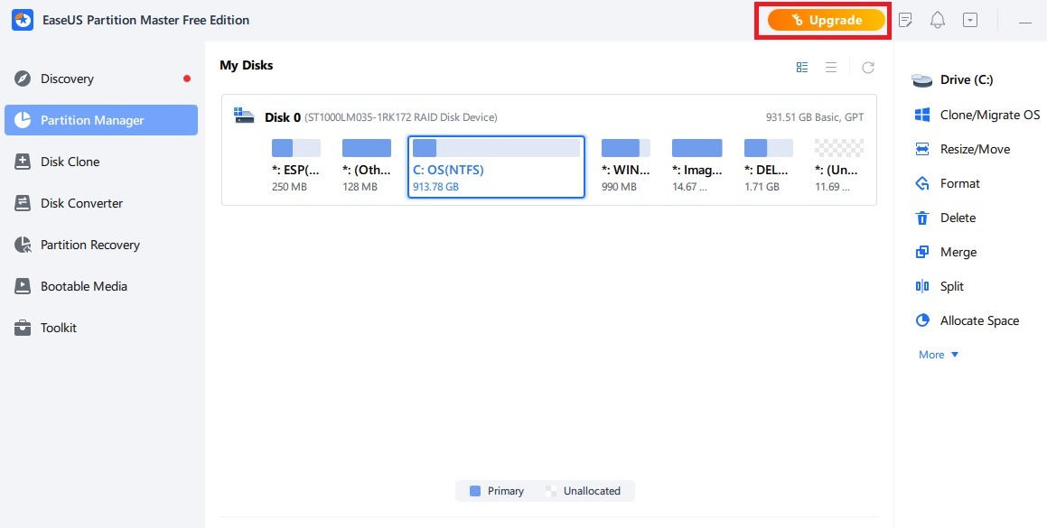 EaseUS Partition Master Upgrade button the homescreen.