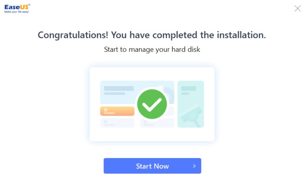 EaseUS Partition Master installation complete message.
