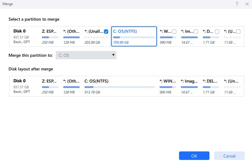 Merge adjacent partitions, with unallocated space going in C drive using EaseUS Partition Master. 