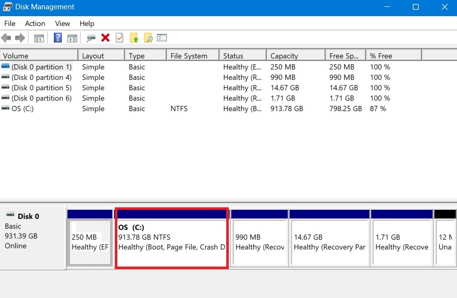 Main partition, the C drive, after merging in EaseUS Partition Master. 