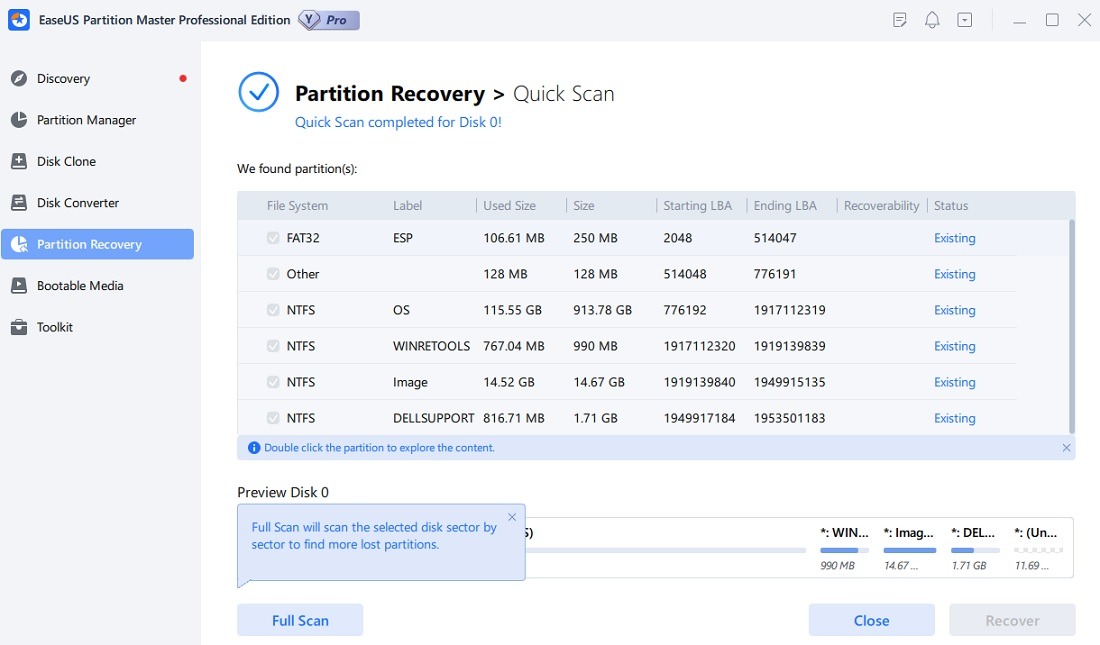 Scan for partition recovery in EaseUS Partition Master. 