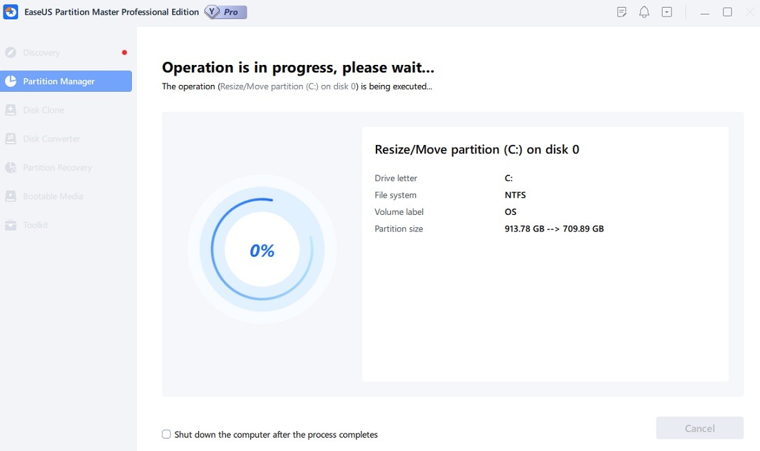 Ongoing disk partition C drive resize operation in EaseUS Partition Master wizard. 