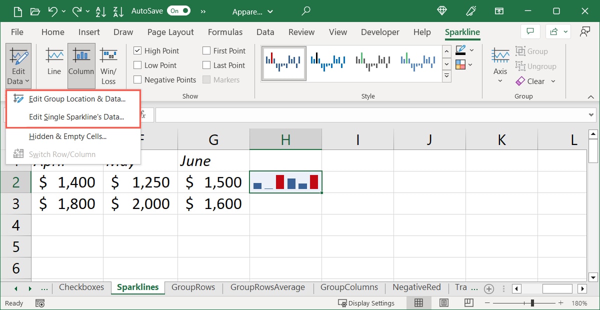 Edit Data on the Sparklines tab