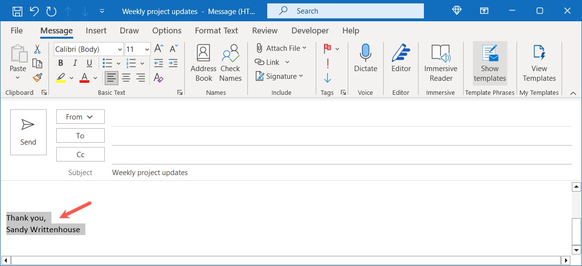 Email Compose window with a signature on Windows