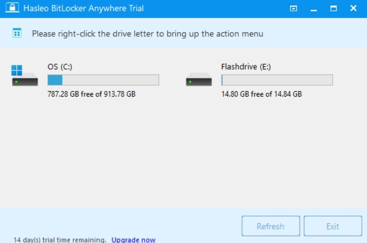 Hasleo Bitlocker Anywhere Software main homescreen.